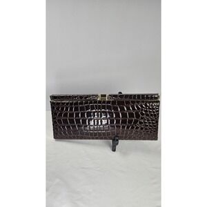 Joan Rivers Classic Clutch Bag Dark Brown Faux Croc Skin Patent Leather 11"x5.5"